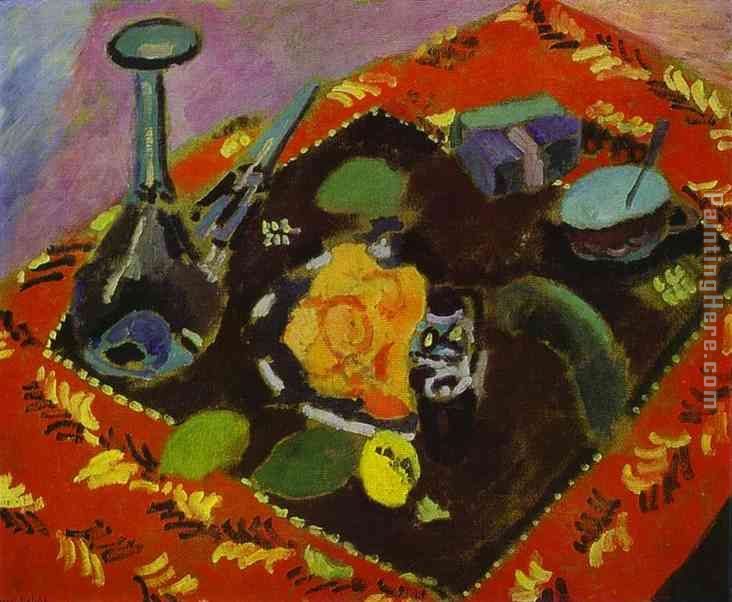Henri Matisse Dishes and Fruit on a Red and Black Carpet